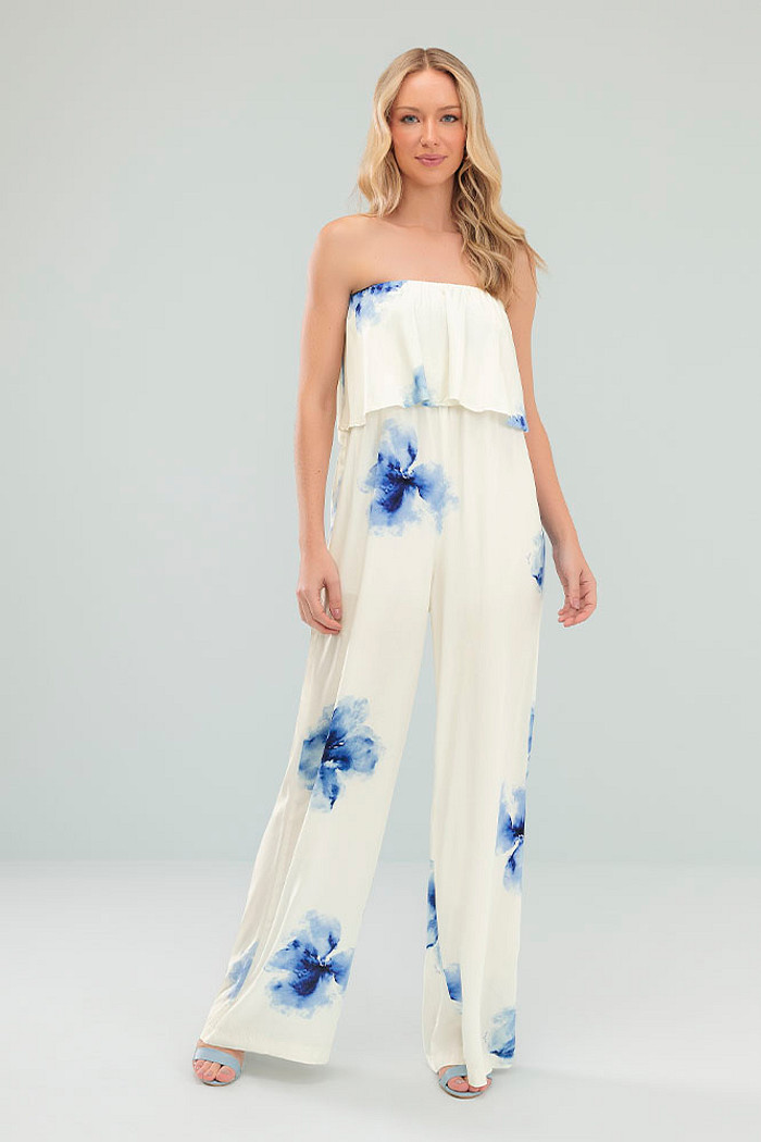 Macacão longo tomara que caia viscose estampada