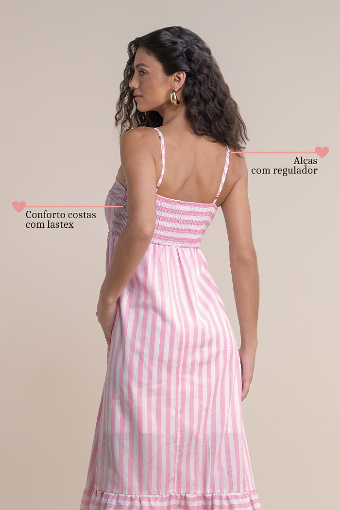 Vestido midi listrado com lastex nas costas