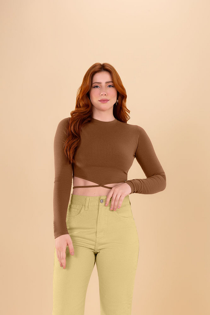 Blusa cropped manga longa amarração em cotton