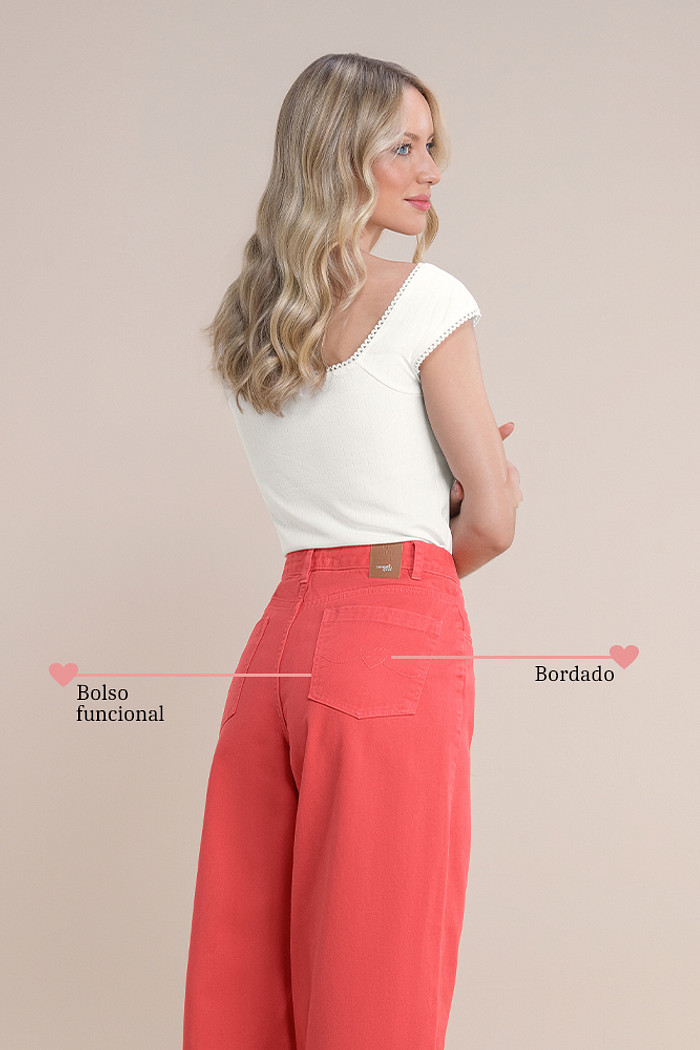 Calça wide leg sarja com bolso e bordado traseiro
