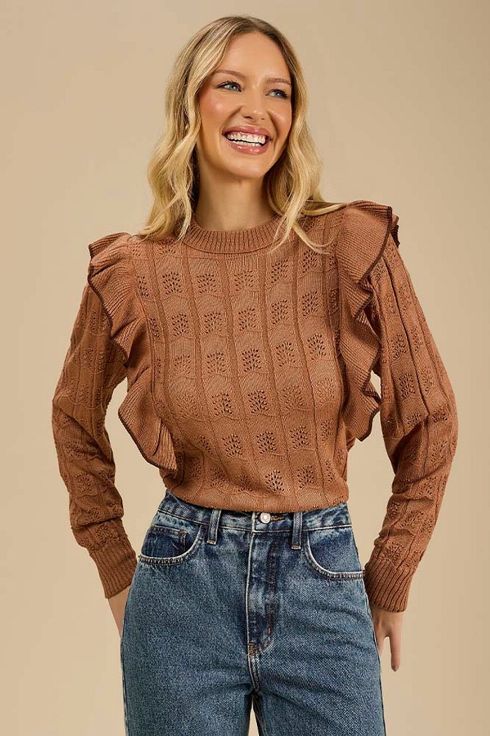 Blusa manga longa babados em tricot