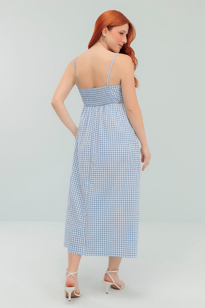 Vestido midi vichy de alça com bolso
