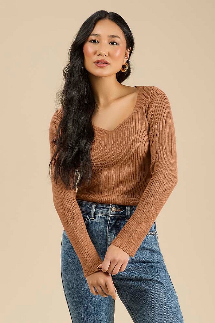 Blusa manga longa decote V em tricot