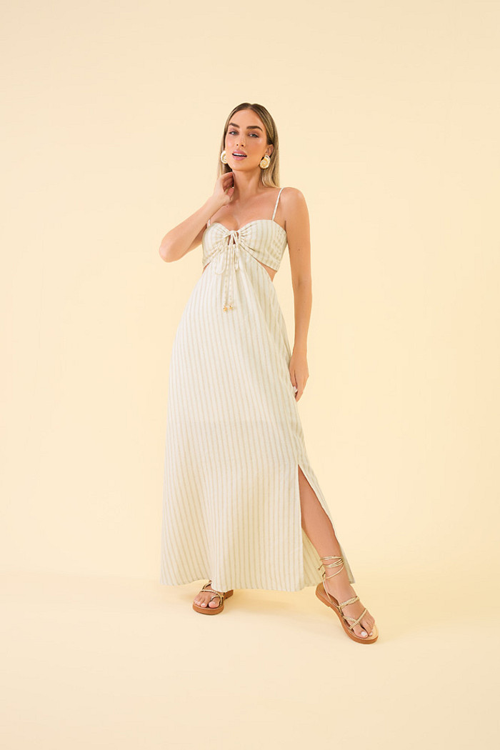 Vestido longo em linho listrado lurex com forro