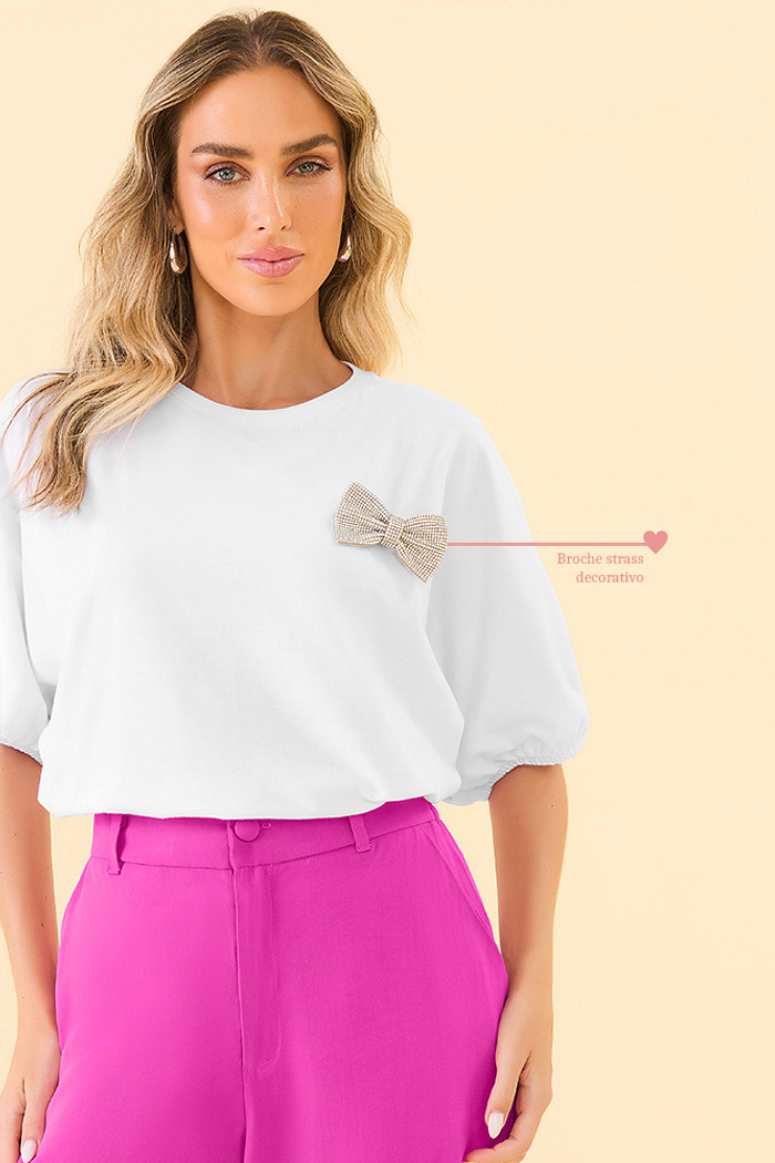 T-Shirt broche laço strass em meia malha