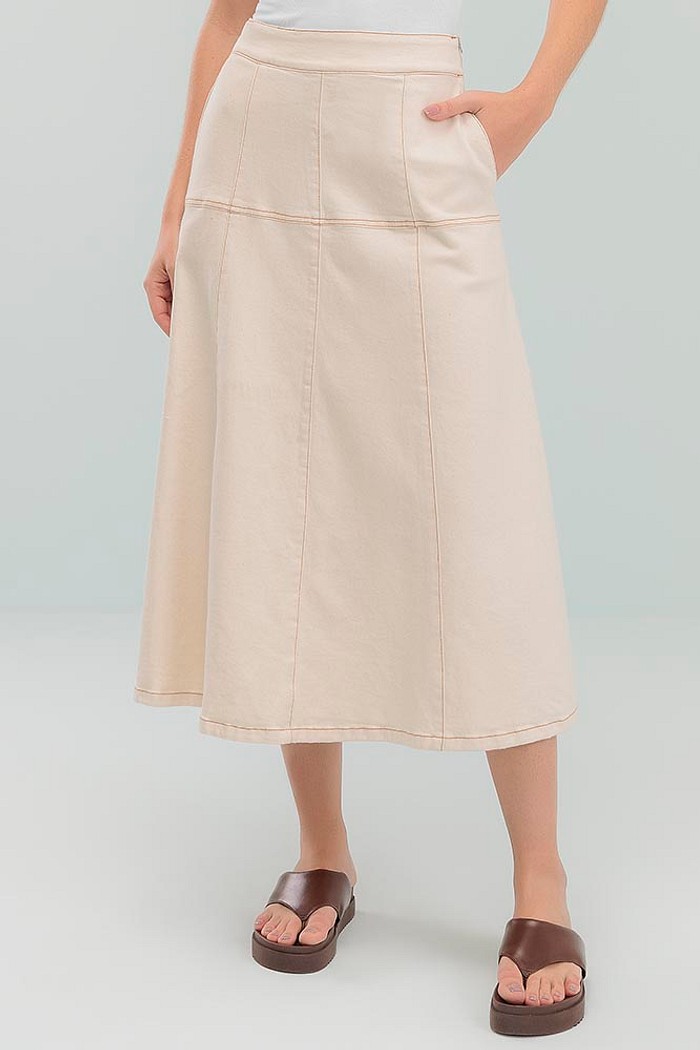Saia midi com zíper lateral e bolso em denim