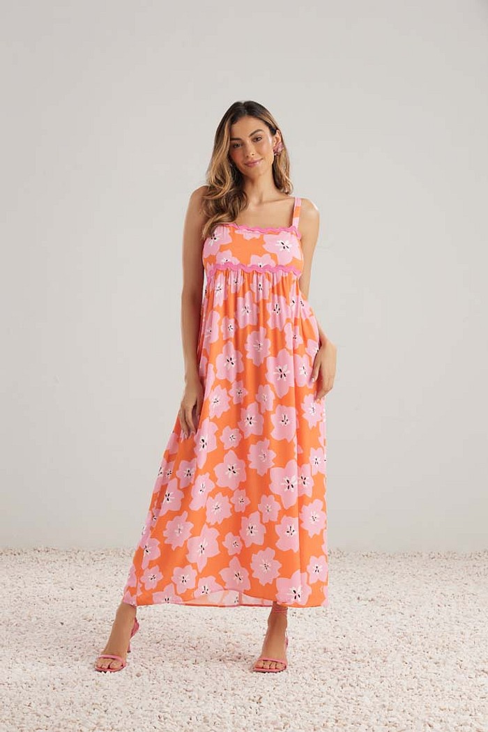 Vestido midi em viscose estampada