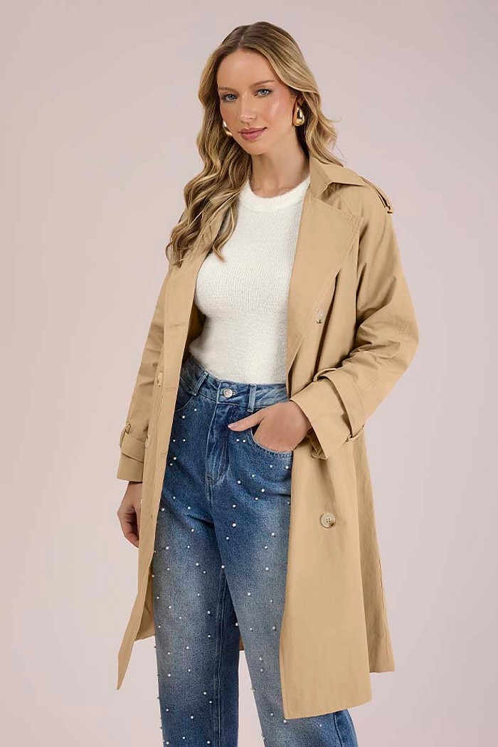 Casaco longo em tecido gabardine com forro