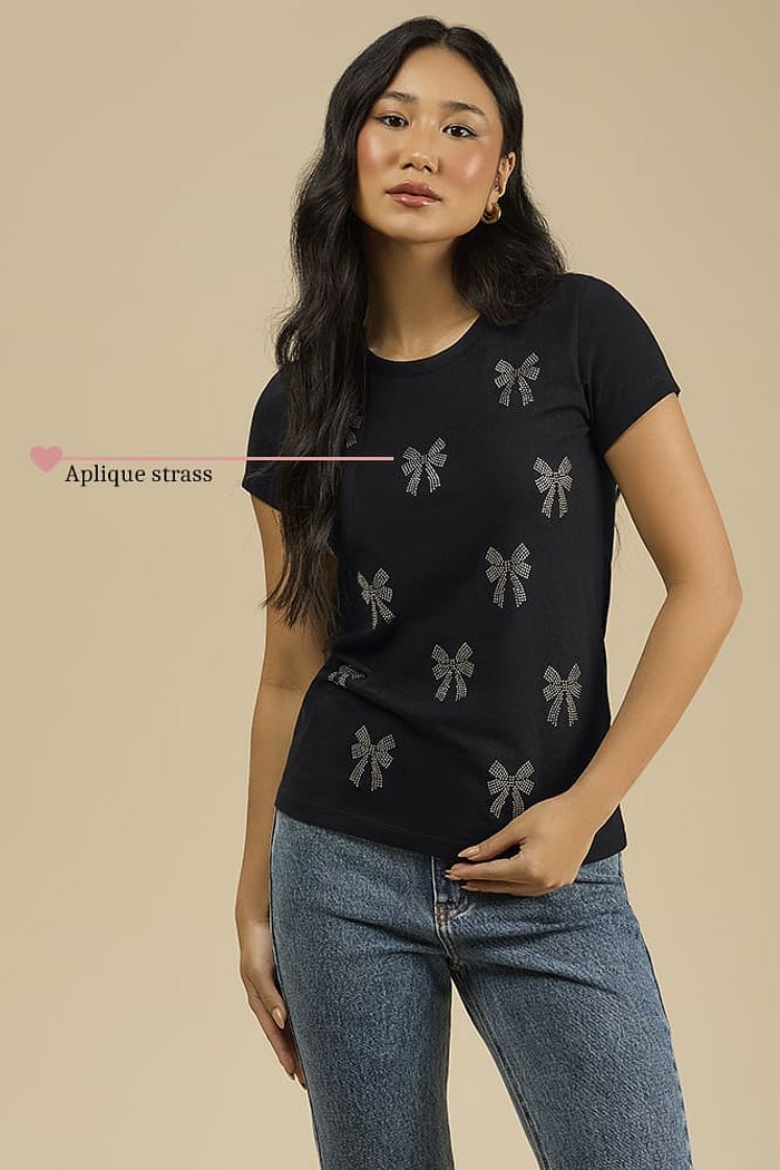 Blusa laços e strass em meia malha