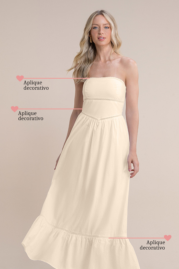 Vestido longo tricoline com aplique decorativo