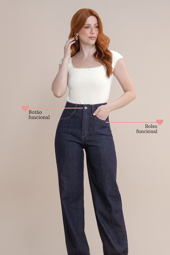 Calça jeans wide leg com bolso