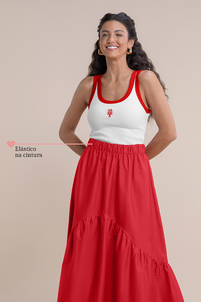 Saia midi em tricoline com elástico na cintura