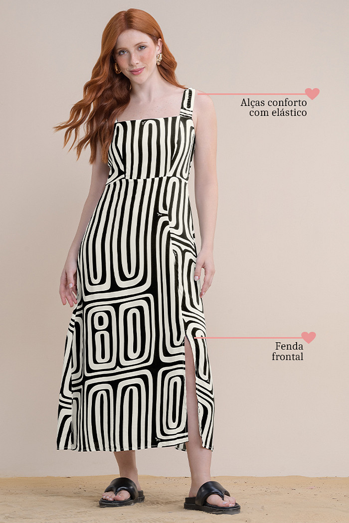 Vestido midi com alça de elástico e fenda frontal