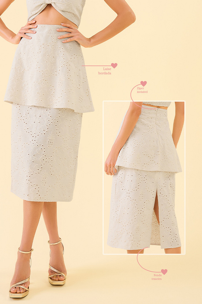 Saia midi em laise bordado abacaxi com forro