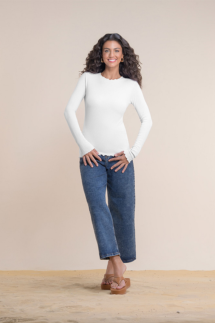Blusa decote redondo manga longa em ribana com elastano