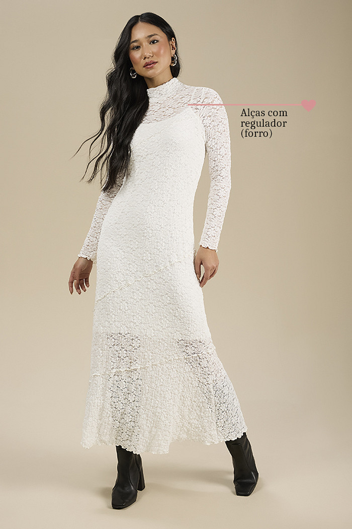 Vestido midi manga longa em renda com forro
