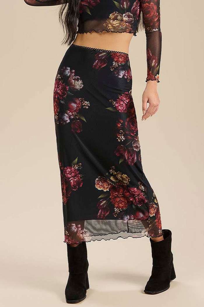 Saia midi em tule estampado