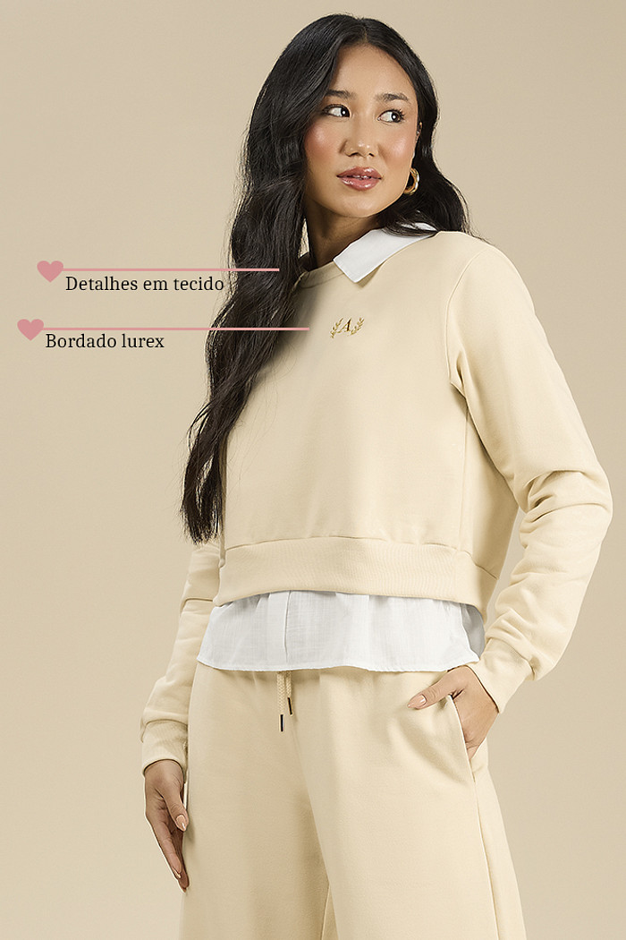 Blusão em moletom com detalhes em tecido