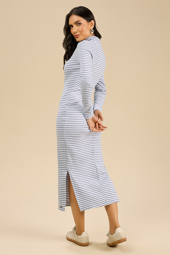 Vestido midi em ribana summer listrada com fendas laterais