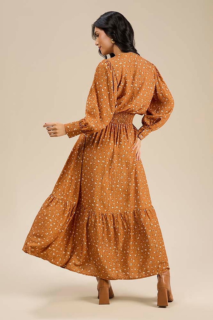 Vestido midi manga longa com lastex em viscose lurex