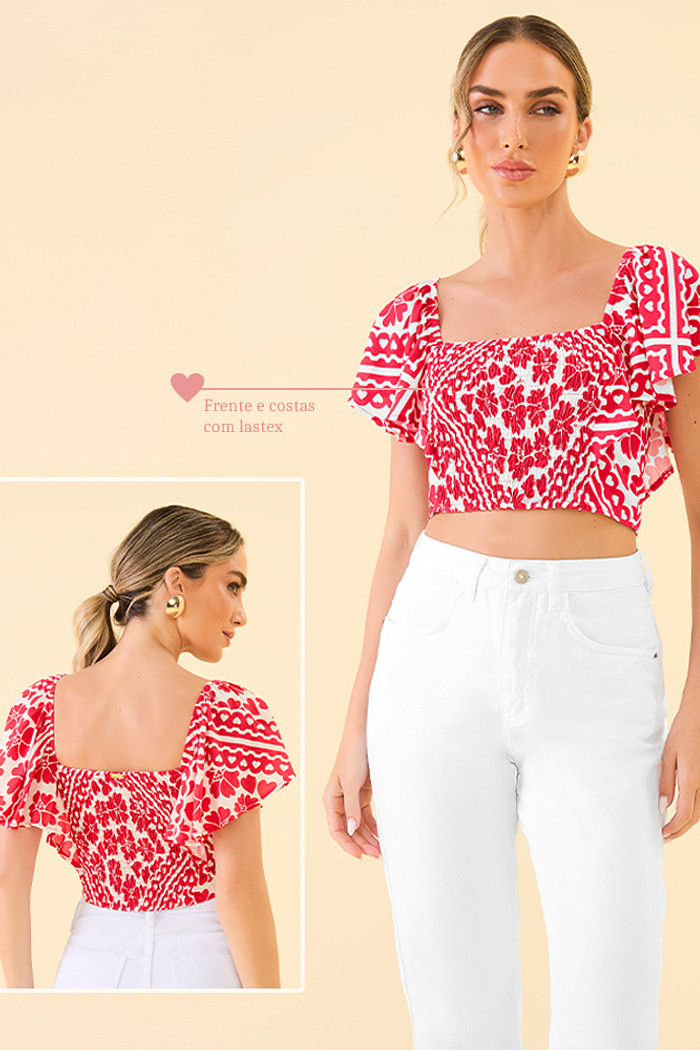 Blusa cropped em viscose estampada