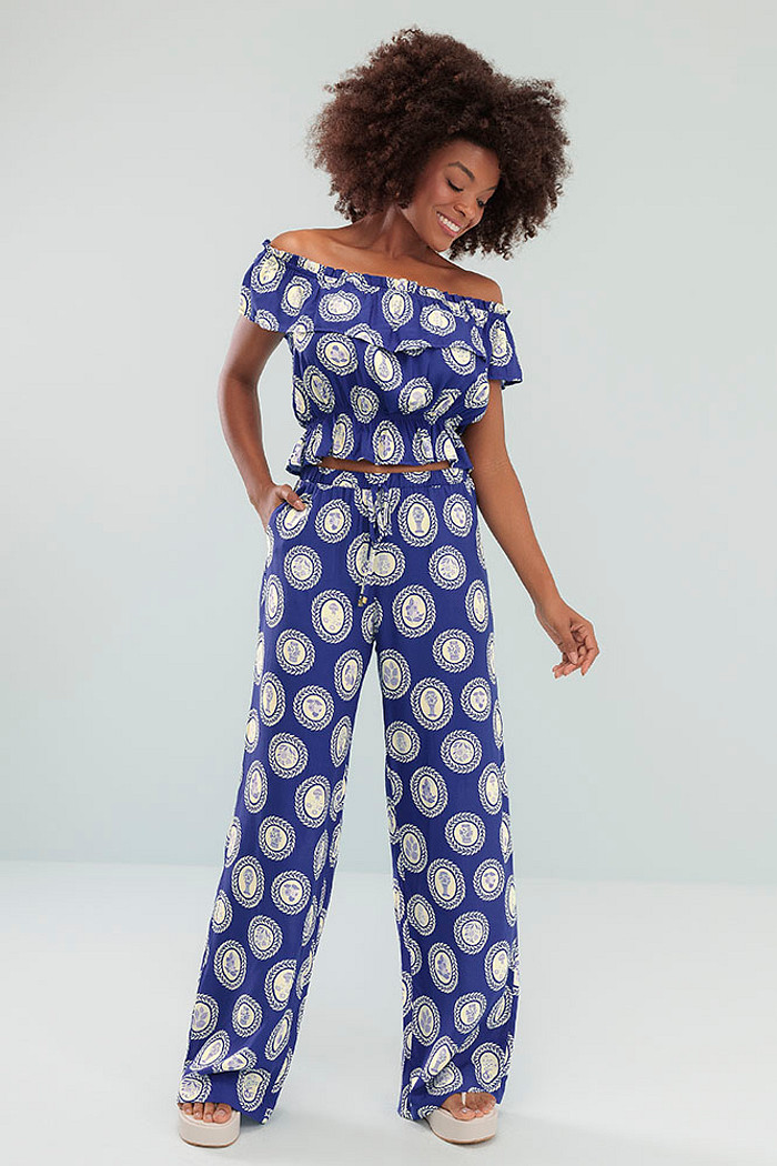 Calça wide leg cós com elástico