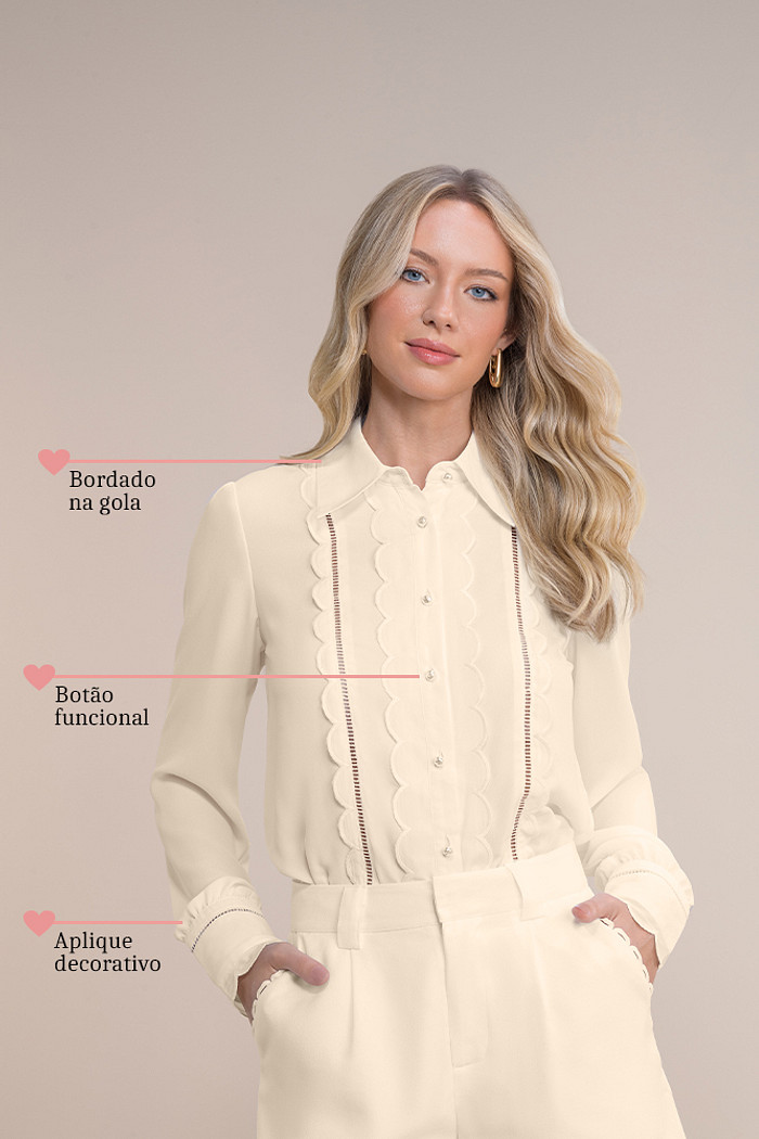 Camisa crepe manga longa detalhes recortados
