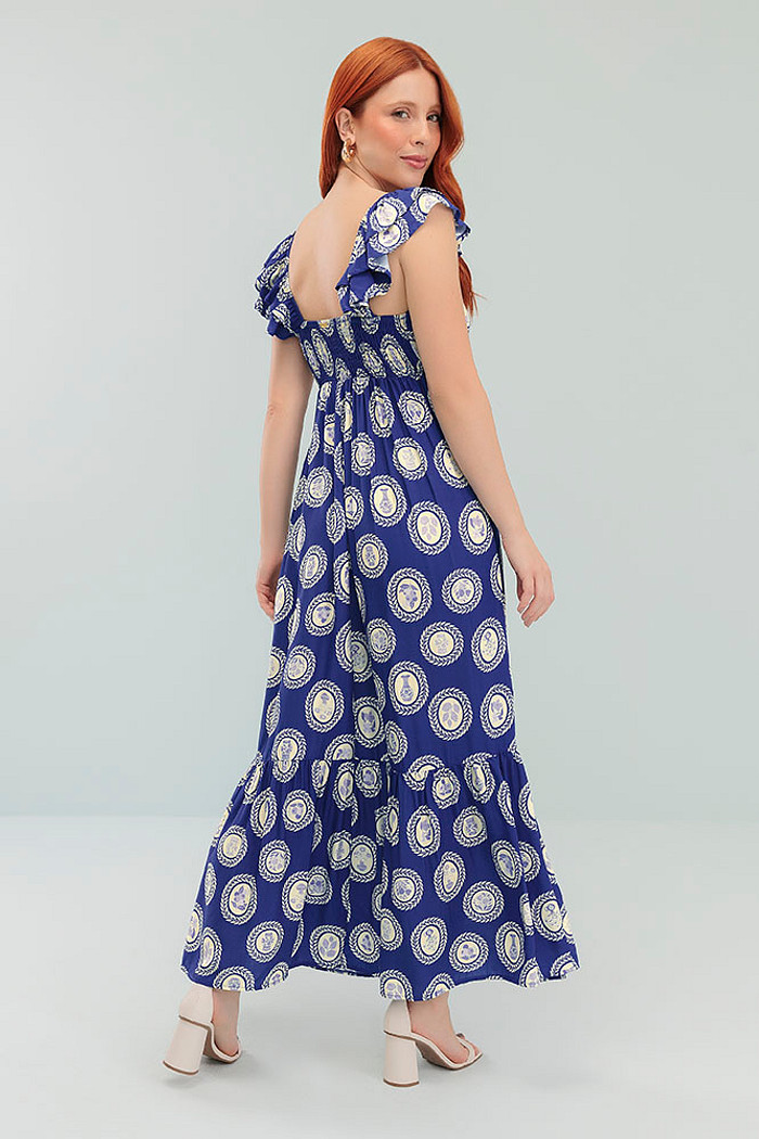 Vestido midi alça com elástico em viscose estampada