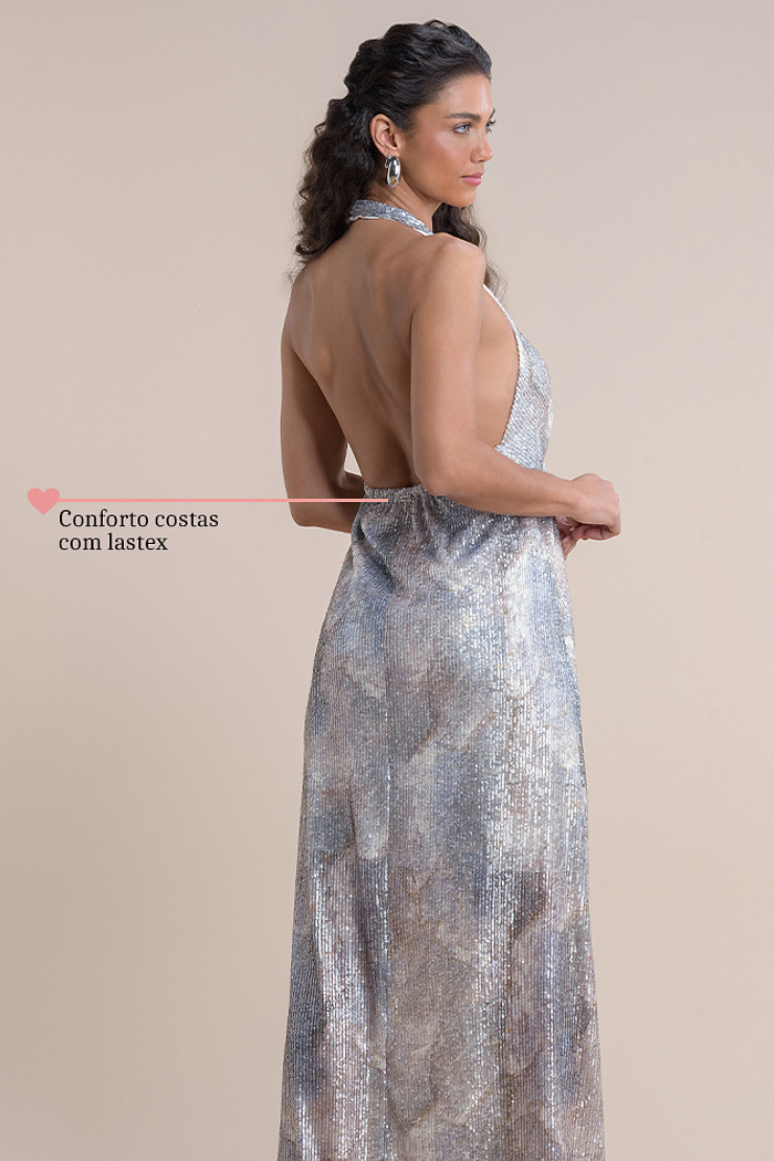 Vestido longo em paetê estampado com elástico nas costas