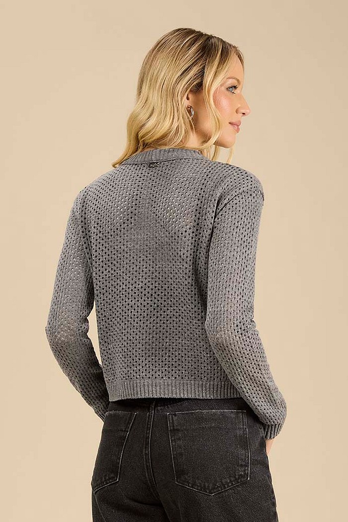 Blusa manga longa em tricot ponto aberto
