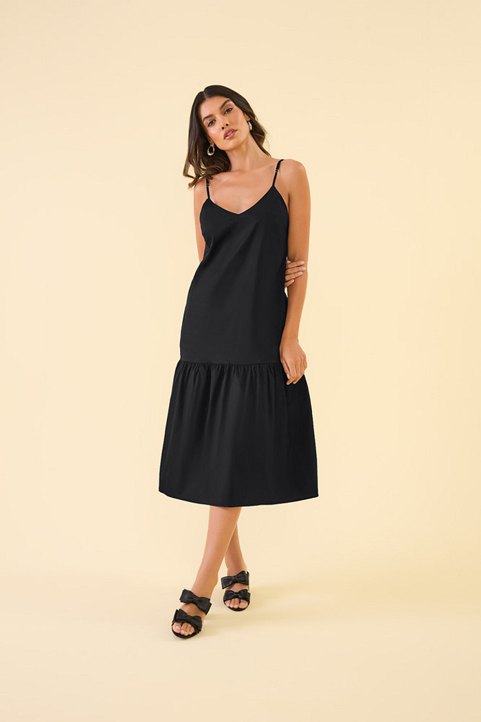 Vestido midi de alça em tricoline com forro