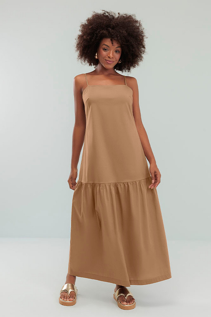 Vestido midi alças com regulador em tricoline