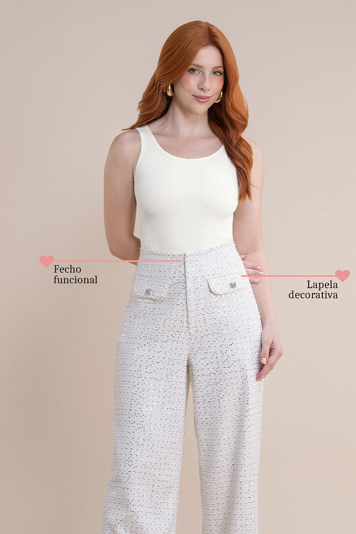 Calça reta tweed bordado