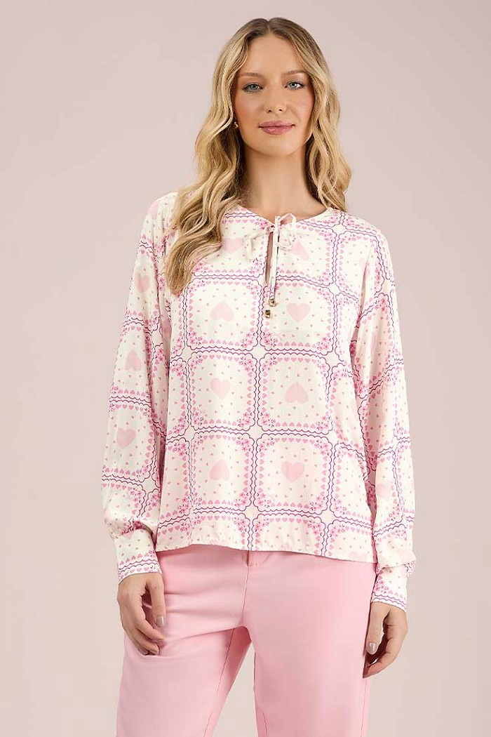 Blusa manga longa com amarração em viscose estampada
