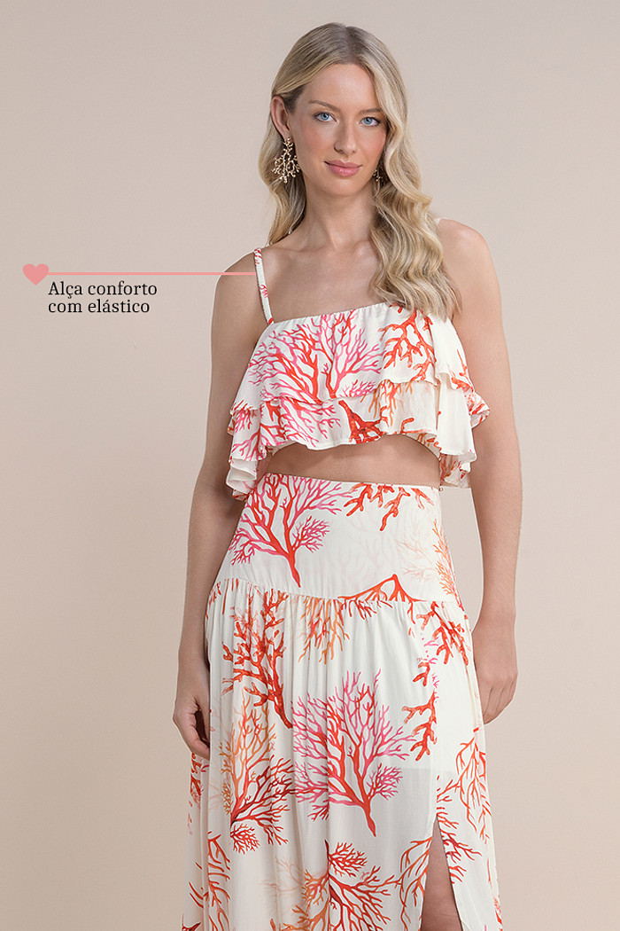 Top com babados em viscose alça com elástico