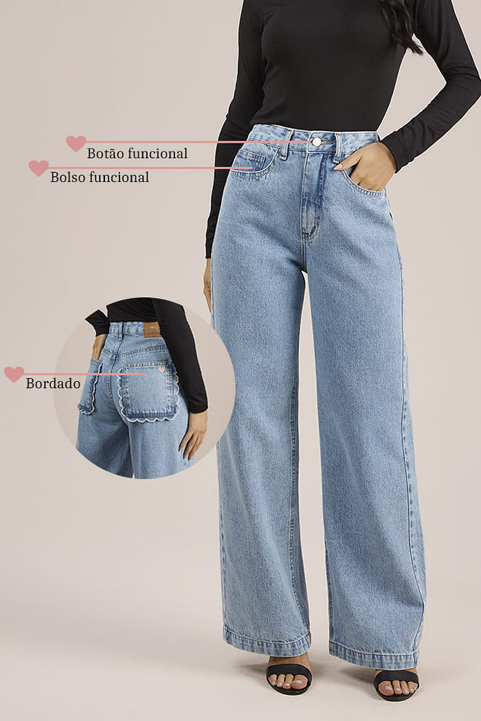 Calça wide leg em jeans bordada