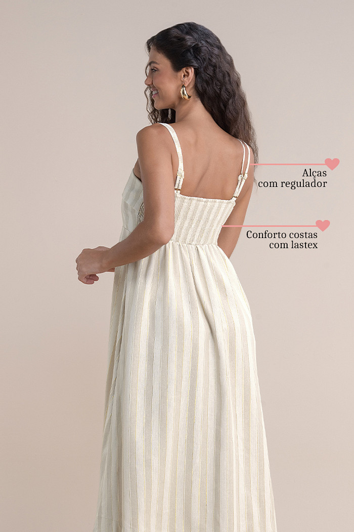 Vestido midi listrado com lastex nas costas