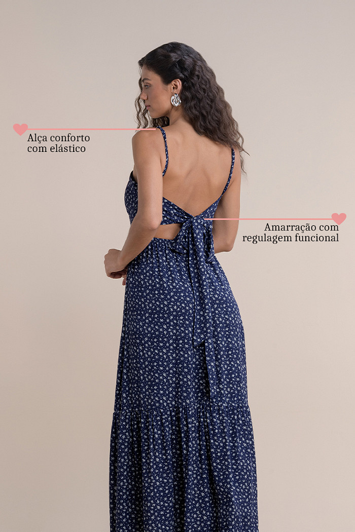 Vestido midi em viscose com elástico nas costas