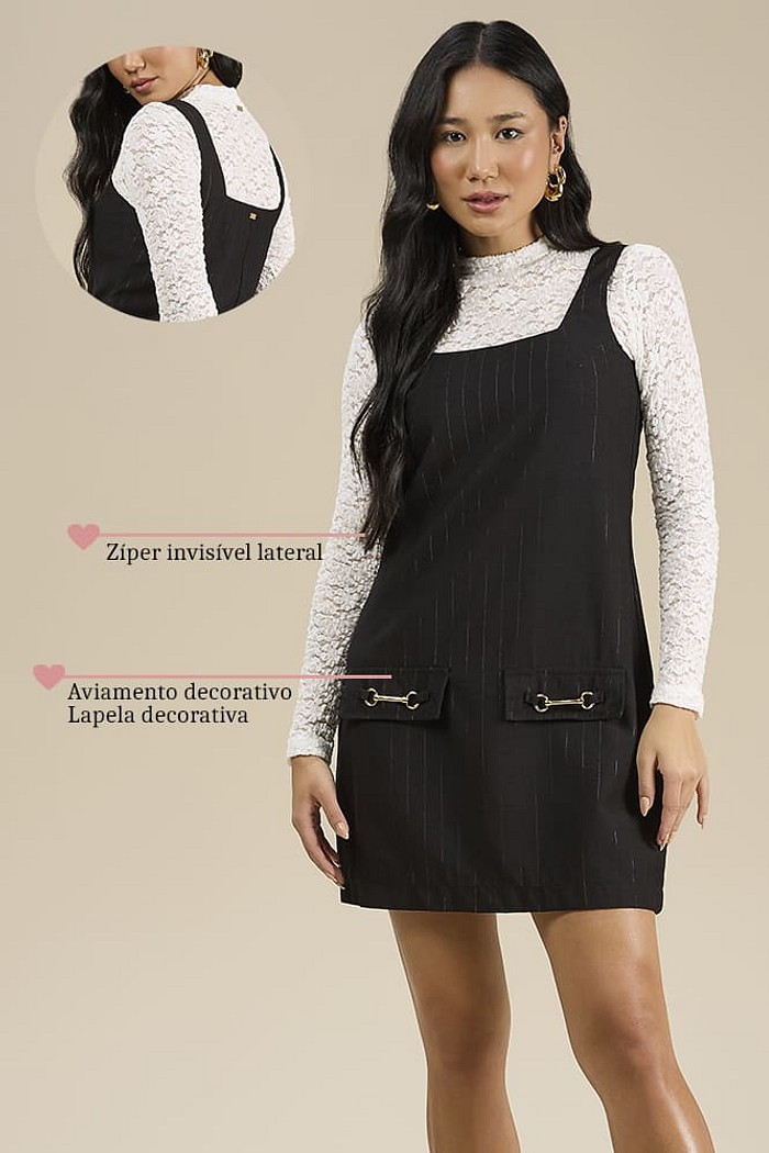 Vestido curto zíper invisível em alfaiataria risca de giz lurex