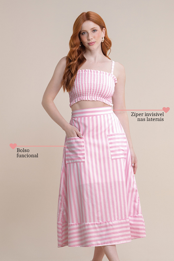 Saia midi listrada com zíper invisível na lateral
