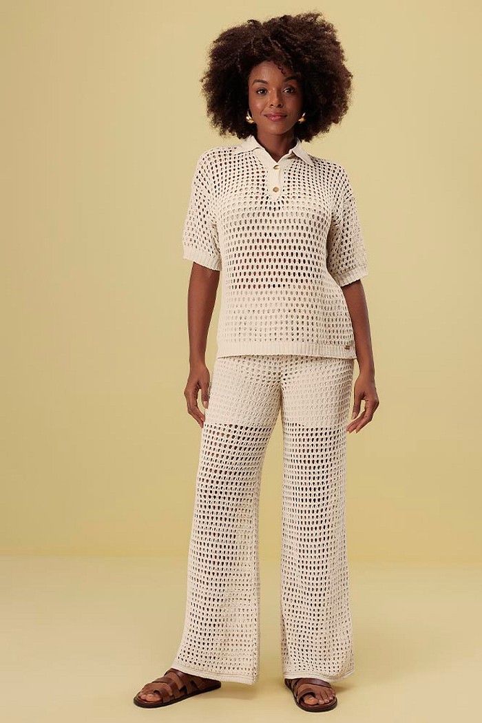 Calça tricot com forro e elástico na cintura