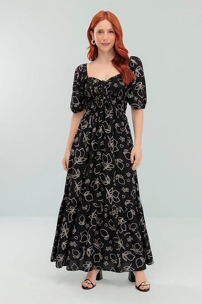 Vestido midi com amarração na frente e costas com lastex