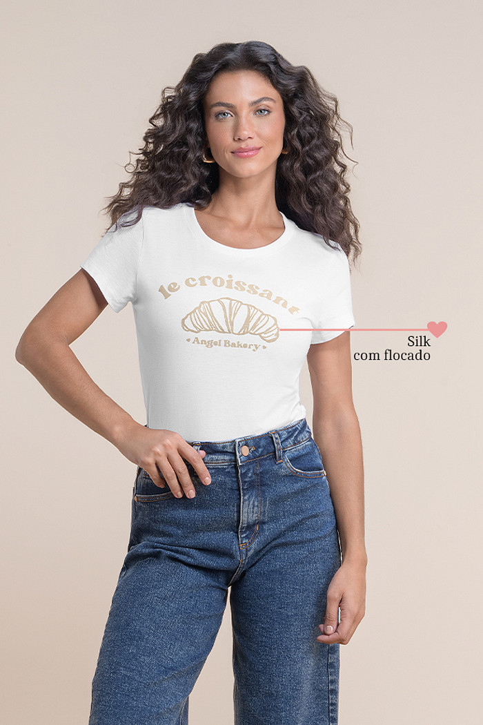 Blusa meia malha croissant com silk flocado