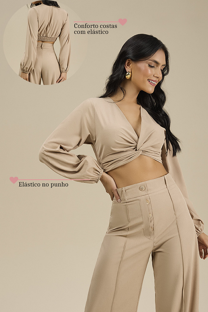 Blusa cropped costas com elástico em alfaiataria mesclada