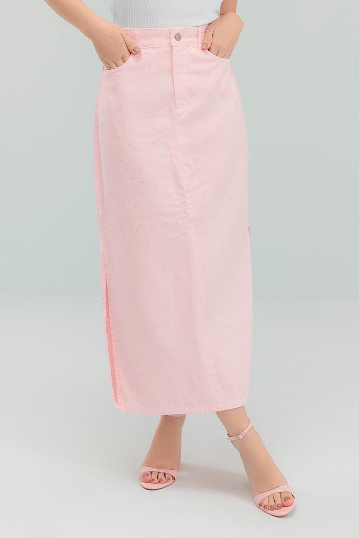 Saia midi candy rose com aplique de strass e fendas laterais