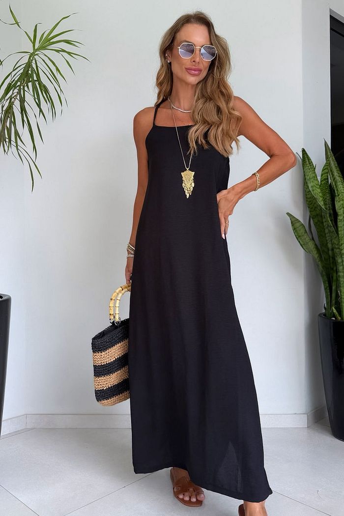 Vestido Longo Crepe Decote Reto de Alças Finas Preta