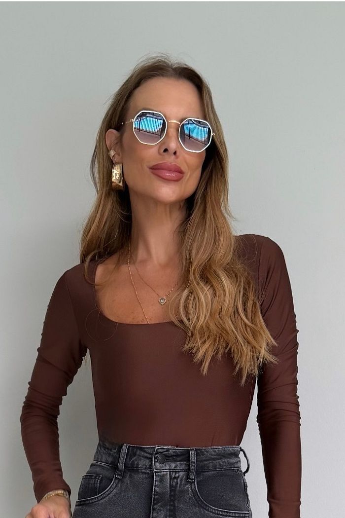 Body Manga Longa Decote Quadrado Suplex Premium cor Marrom