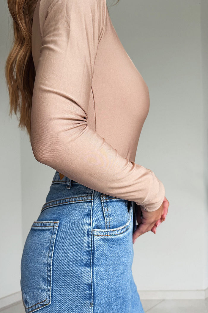 Body Manga Longa Decote Quadrado Suplex Premium cor Nude