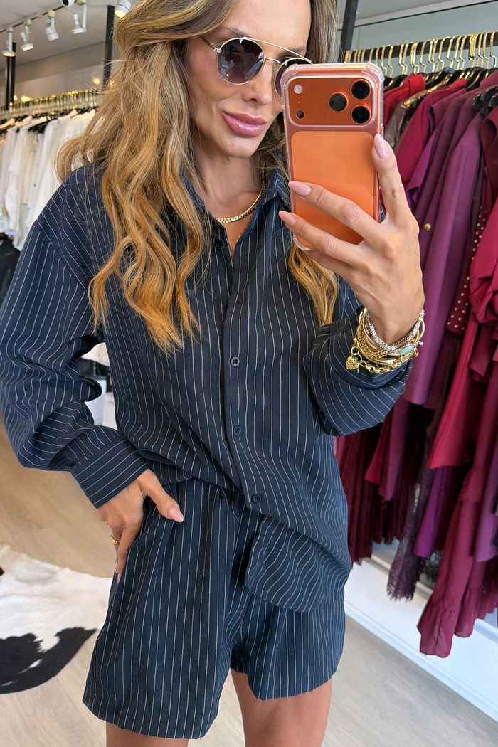 Conjunto em Suede Listrado cor Petro Marinho