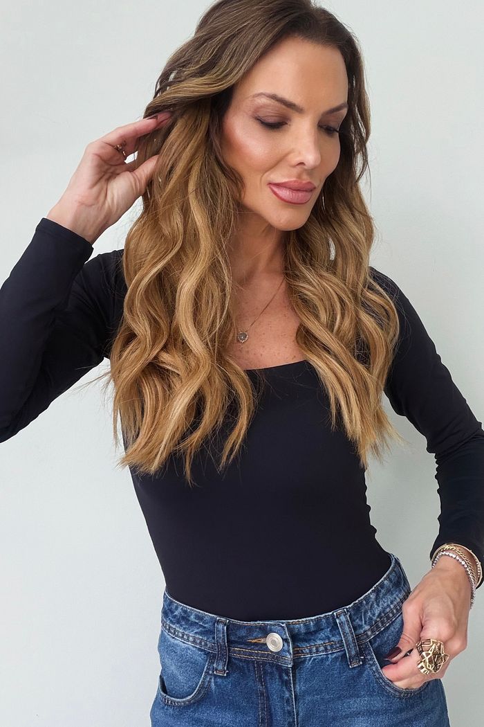 Body Poliamida Premium ML Decote Quadrado cor Preta